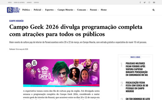 Blog do Raoni - Campo Geek 2026 divulga programação completa com atrações para todos os públicos